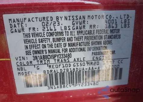 2023 Nissan Sentra Sv Xtronic Cvt из США, поврежденный, VIN 3N1AB8CV9PY233480